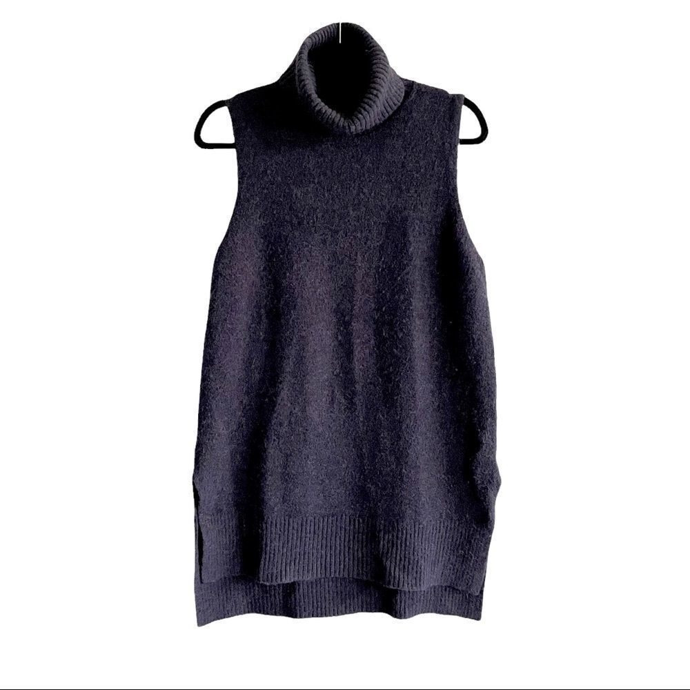 CYNTHIA ROWLEY Wool Sleeveless Turtleneck Sweater Tunic Side Slits Blue M